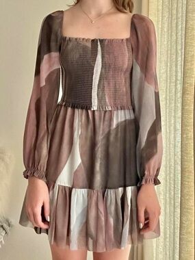 Wilfred Brown & Cream Smocked Square-Neck Mini Dress
